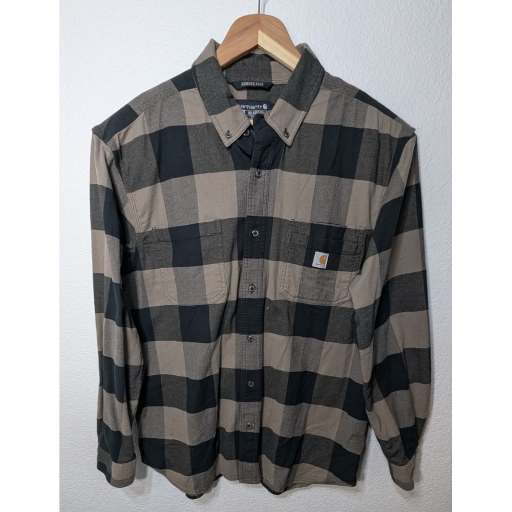 Carhartt Rugged Flex Relaxed Fit Men's L Black & Tan Plaid Flannel Shirt Button